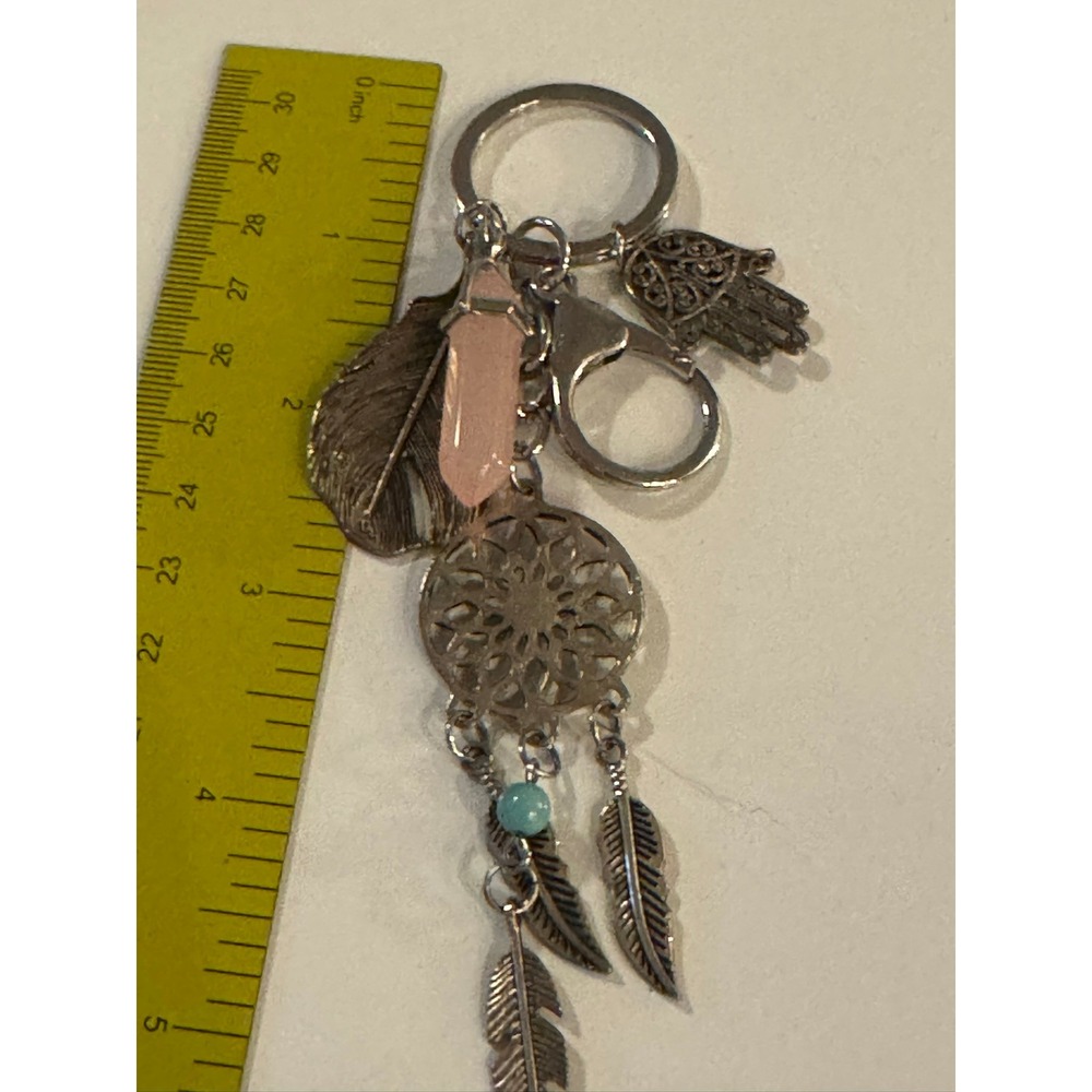 Boho Silver Dreamcatcher Hamsa Pink Quartz Leaf Keychain Bag Charm Accessory